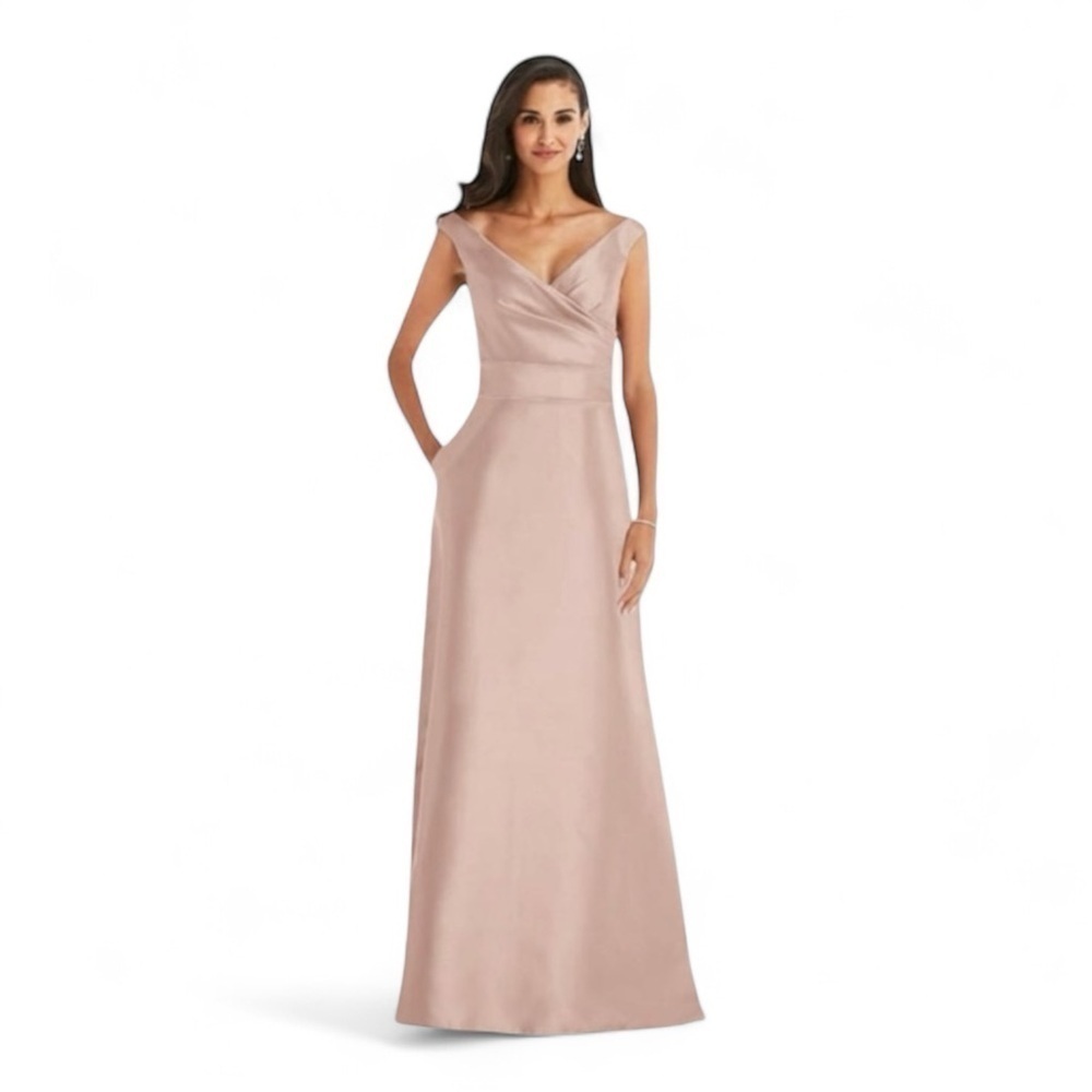 Alfred Sung Off the Shoulder Satin Gown in Toasted Sugar NWT